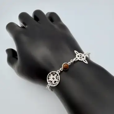 Pulsera Nudo De Bruja, Tetragramaton Y Ojo De Tigre Plata De Ley