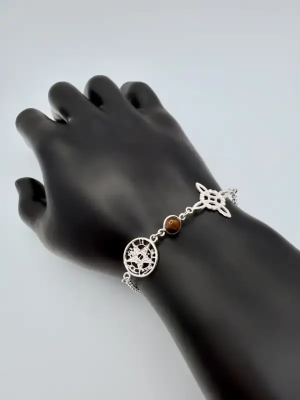 Pulsera Nudo De Bruja, Tetragramaton Y Ojo De Tigre Plata De Ley
