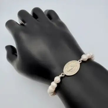 Pulsera Virgen La Milagrosa Con Perlas Naturales Plata De Ley