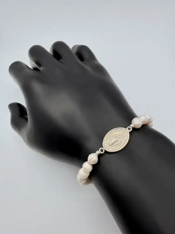 Pulsera Virgen La Milagrosa Con Perlas Naturales Plata De Ley