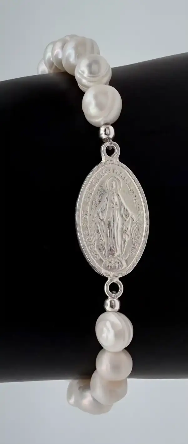 Pulsera Virgen La Milagrosa Con Perlas Naturales Plata De Ley - Imagen 2