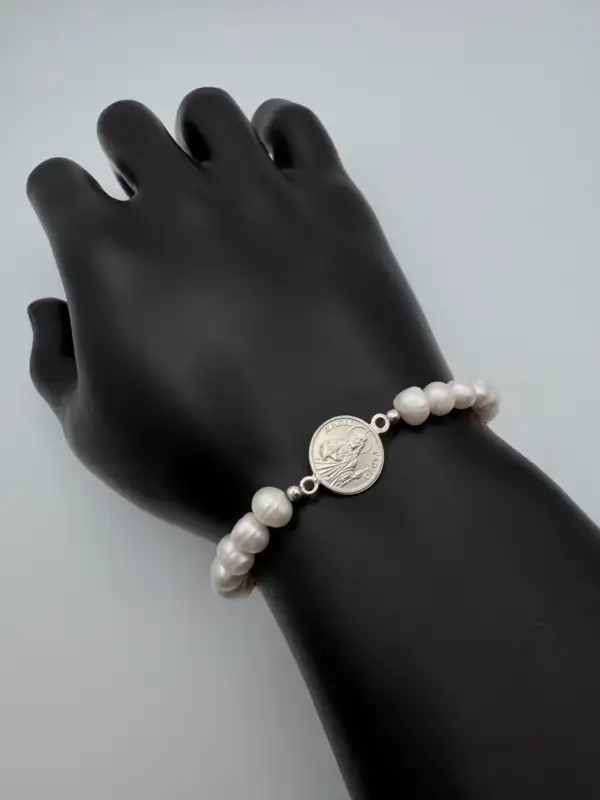 Pulsera San Judas Tadeo Con Perlas Naturales Plata De Ley