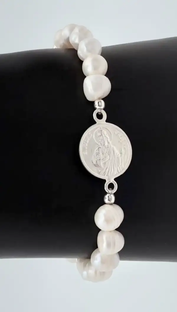 Pulsera San Judas Tadeo Con Perlas Naturales Plata De Ley - Imagen 2