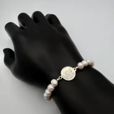 Pulsera San Miguel Arcangel Con Perlas Naturales Plata De Ley