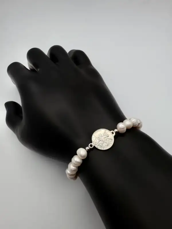 Pulsera San Miguel Arcangel Con Perlas Naturales Plata De Ley