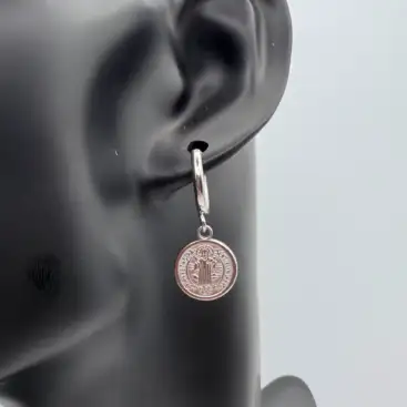 Pendientes Aro Medalla San Benito Acero Plateado