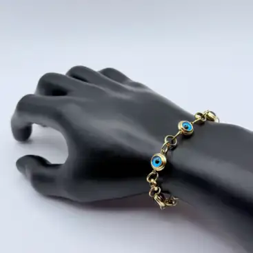 Pulsera Ojos Turcos Celestes Acero Dorado