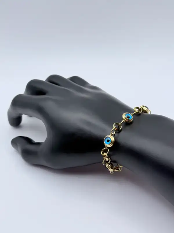 Pulsera Ojos Turcos Celestes Acero Dorado