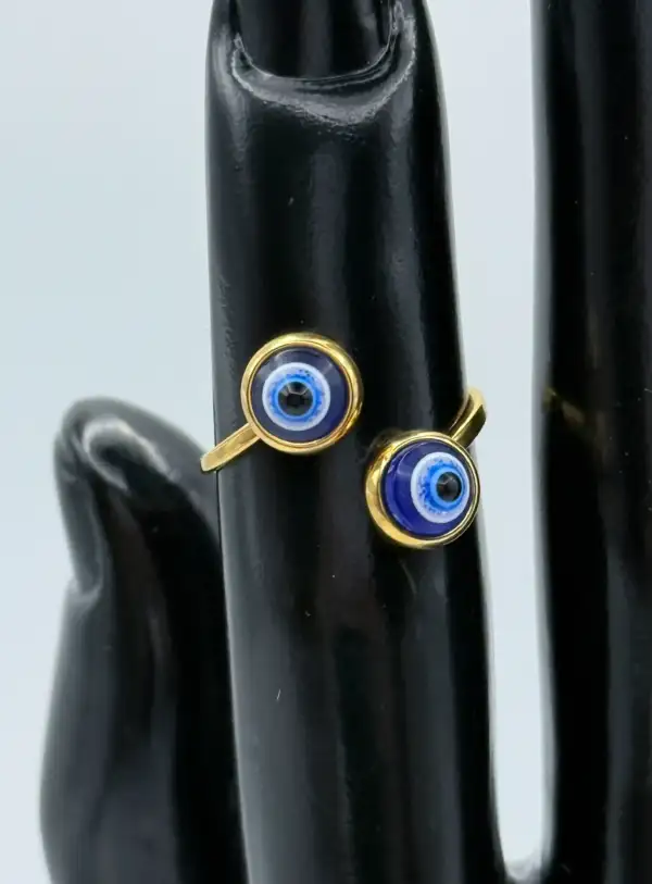Anillo Ojo Turco Doble Azul Acero Dorado - Imagen 2
