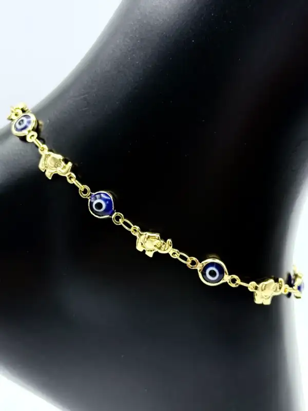 Tobillera Ojos Turcos y Elefantes Acero Dorado - Imagen 2