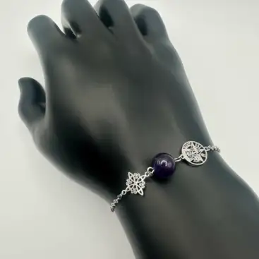 Pulsera Doble Proteccion Con Amatista Acero Plateado