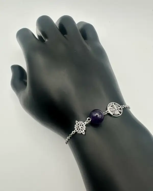 Pulsera Doble Proteccion Con Amatista Acero Plateado