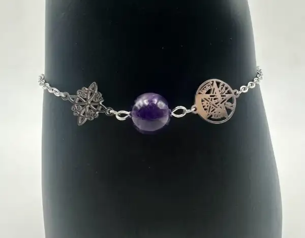 Pulsera Doble Proteccion Con Amatista Acero Plateado - Imagen 2