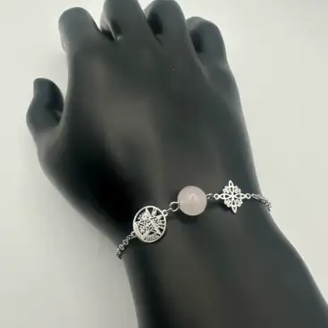 Pulsera Doble Proteccion Con Cuarzo Rosa Acero Plateado