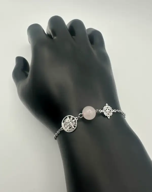 Pulsera Doble Proteccion Con Cuarzo Rosa Acero Plateado