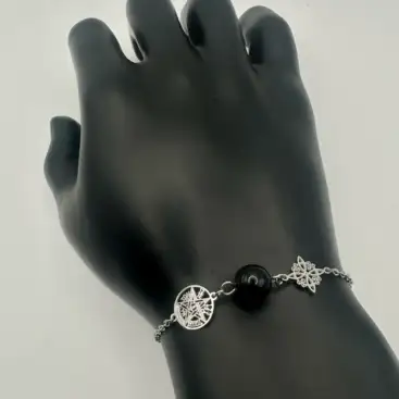 Pulsera Doble Proteccion Con Onix Acero Plateado