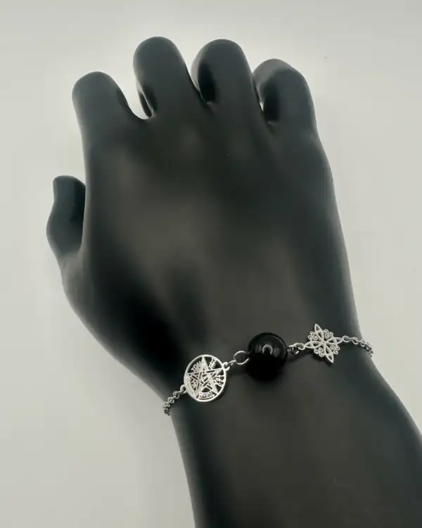Pulsera Doble Proteccion Con Onix Acero Plateado
