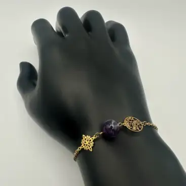 Pulsera Doble Proteccion Con Amatista Acero Dorado