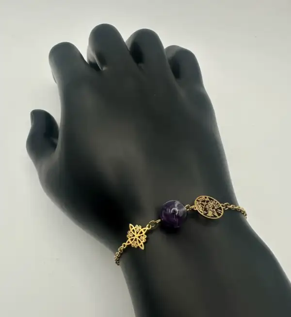 Pulsera Doble Proteccion Con Amatista Acero Dorado
