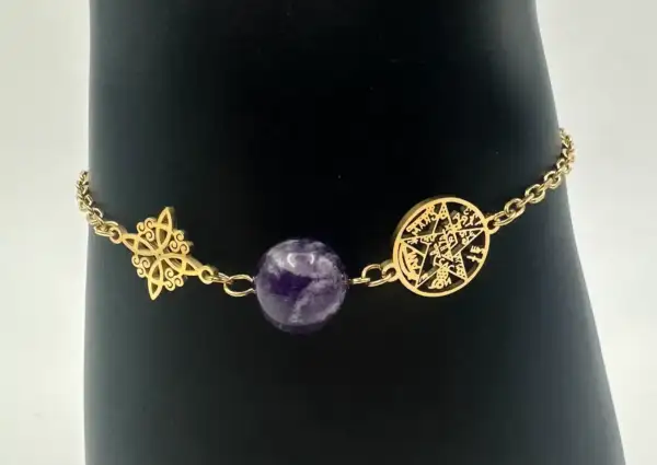 Pulsera Doble Proteccion Con Amatista Acero Dorado - Imagen 2
