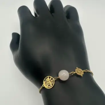 Pulsera Doble Proteccion Con Cuarzo Rosa Acero Dorado