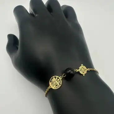Pulsera Doble Proteccion Con Onix Acero Dorado