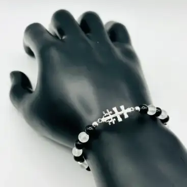Pulsera Cruz de Caravaca , Turmalina y Cuarzo Blanco Plata de Ley