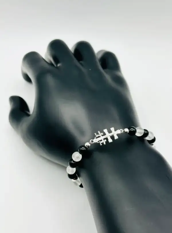 Pulsera Cruz de Caravaca , Turmalina y Cuarzo Blanco Plata de Ley