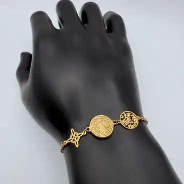 Pulsera Triple Protección Tetragramatón San Benito y Nudo De Bruja Simple Acero Dorado