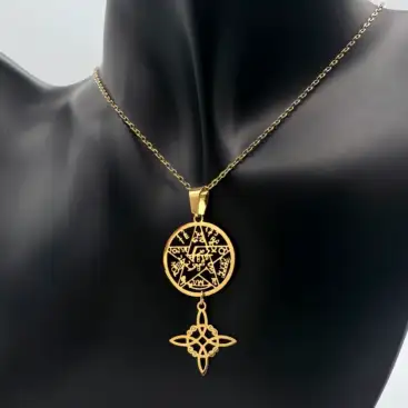 Colgante Doble Proteccion Tetragramaton Y Nudo De Bruja Acero Dorado