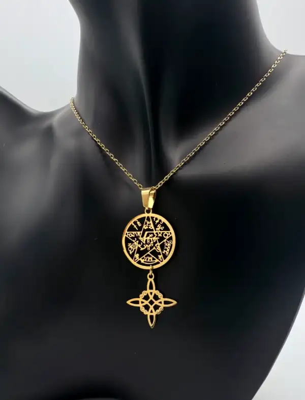 Colgante Doble Proteccion Tetragramaton Y Nudo De Bruja Acero Dorado