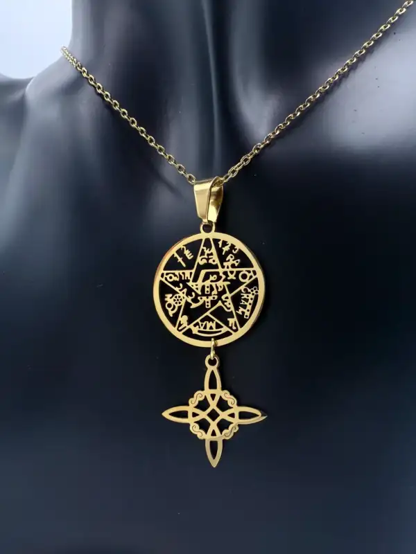 Colgante Doble Proteccion Tetragramaton Y Nudo De Bruja Acero Dorado - Imagen 2