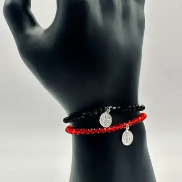 Pulsera Elastica Piedras Facetadas Medalla San Benito Plata De Ley