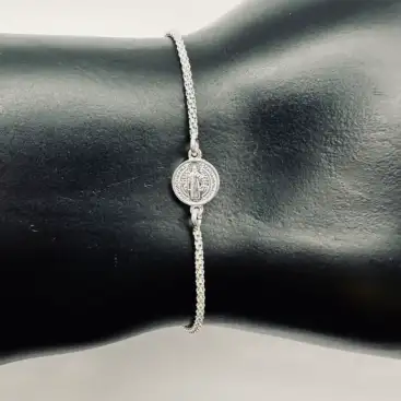 Pulsera Medalla San Benito Pequeña Plata De Ley