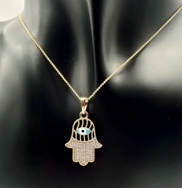 Colgante Mano De Fatima Y Ojo Acero Oro Rosa