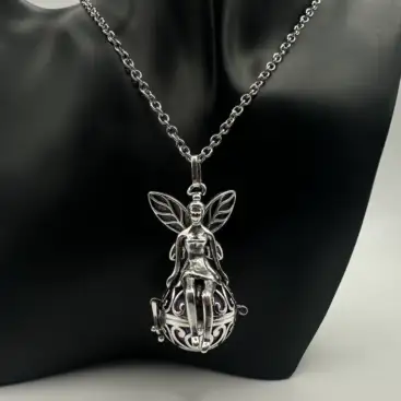 Colgante Llamador De Angeles Lila Con Hada En Plata De Ley Y Acero