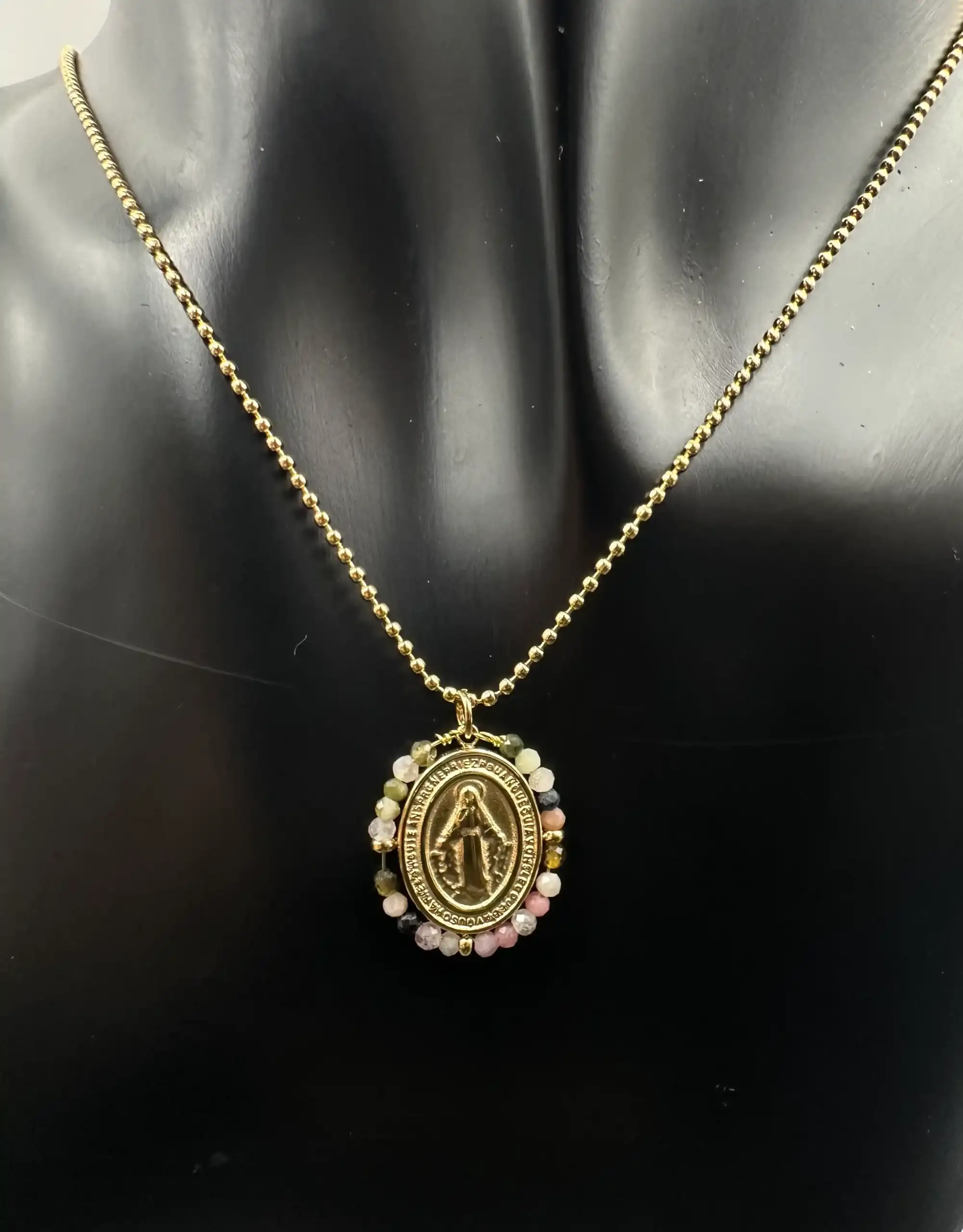 Colgante Milagrosa Con Turmalina Sandia Facetada Acero Dorado