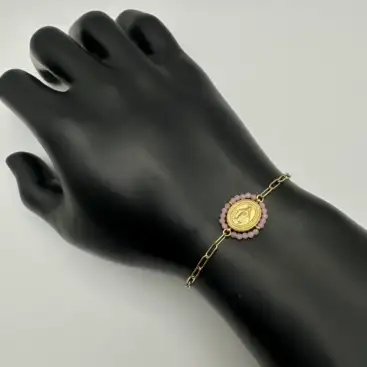 Pulsera Milagrosa Con Cuarzo Rosa Facetada Acero Dorado