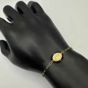 Pulsera Milagrosa Con Turmalina Negra Facetada Acero Dorado