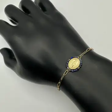 Pulsera Milagrosa Con Lapislazuli Facetada Acero Dorado