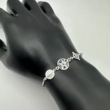 Pulsera Triple Proteccion San Benito, Nudo De Bruja Y Tetragramaton Plata De Ley