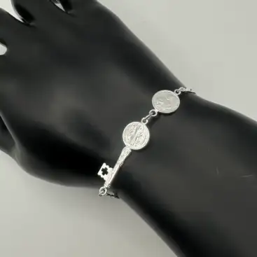 Pulsera San Judas Tadeo Y Llave De San Benito Grande Plata De Ley